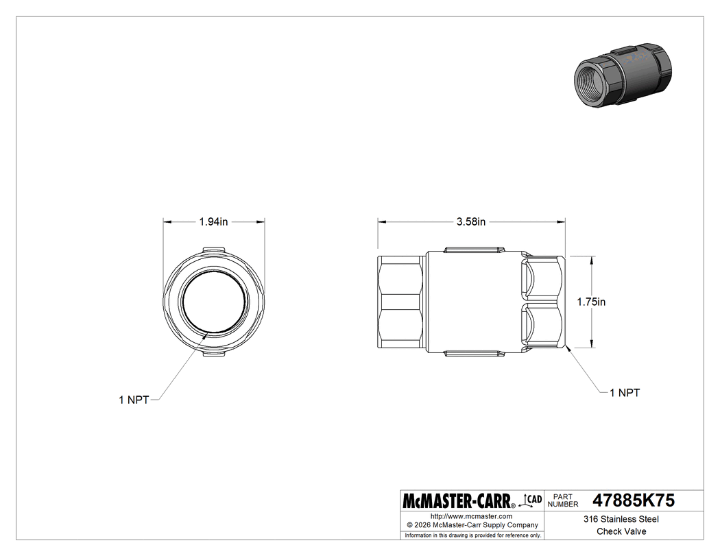 Technical Drawing of 316 Stainless Steel Check Valve, for Steam, 1 NPT Female.